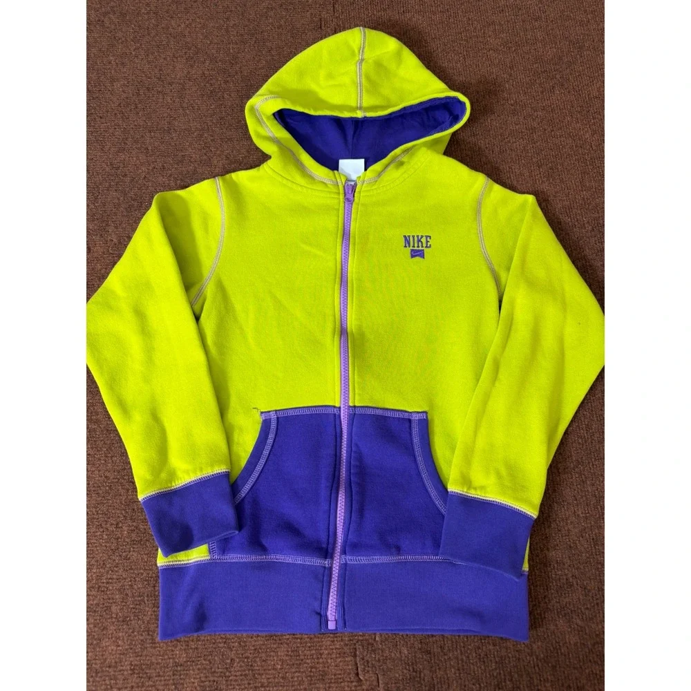 Nike Kids Full Zip Hoodie Lime Green Purple‎ Fleece Sweatshirt Size L 12-13 Yrs